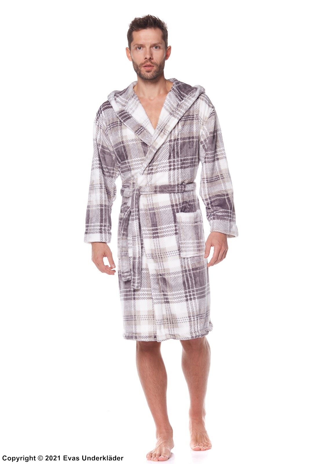 Men's bathrobe, terrycloth, long sleeves, pockets, hood, checkered pattern